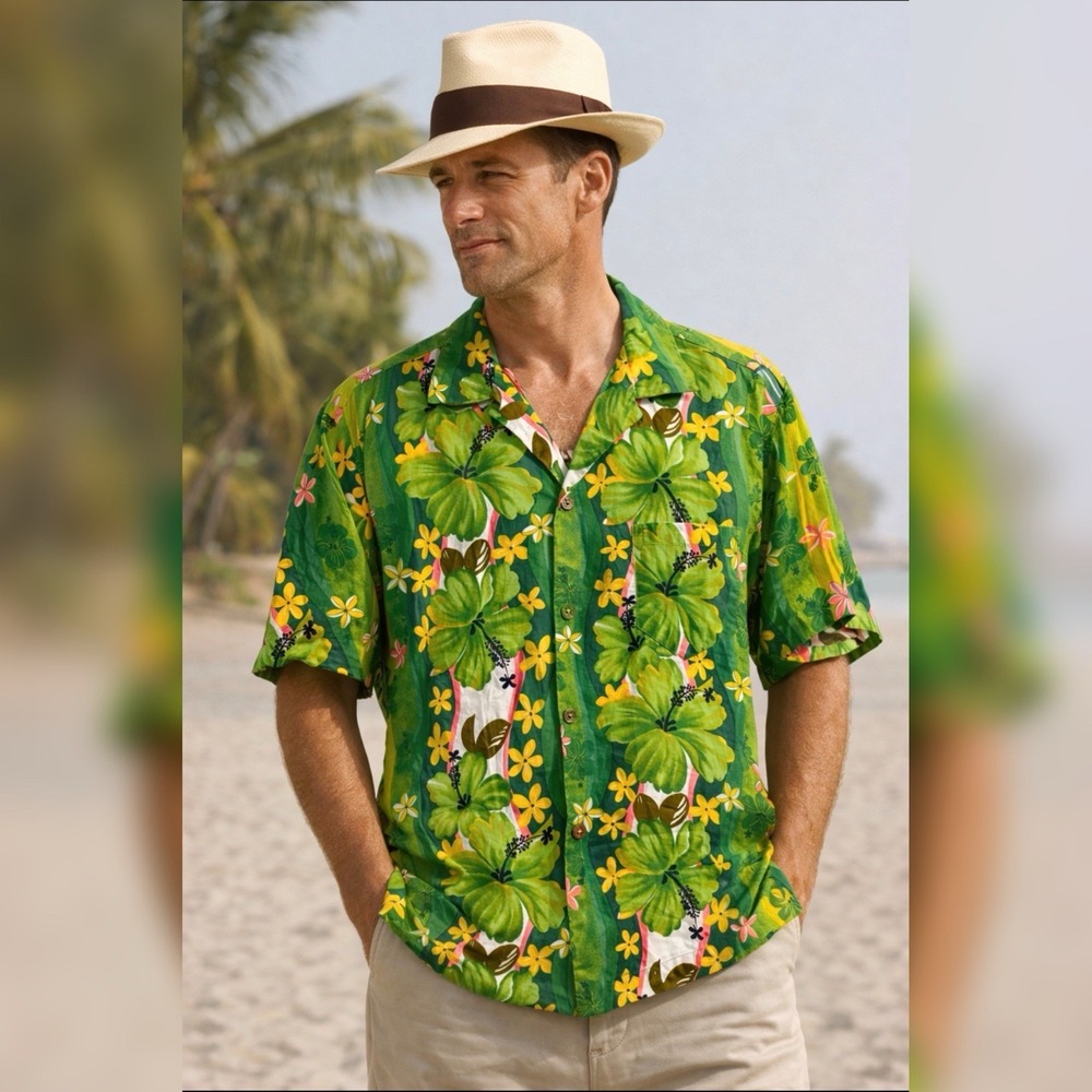 True Vintage 1950s Royal Hawaiian Green Floral Aloha Shirt Loop Collar L